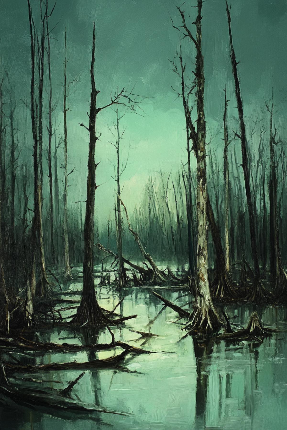 Top swamp. Bog. Green Tina. Dry dead trees in a swamp. In a snag in a swamp, Kikimora Bolotnaya sits. Gloomy tones with rich dark green color.