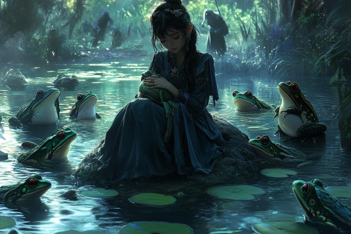 Sad Kikimora sits on a bump surrounded by frogs and toads on an ominous swamp