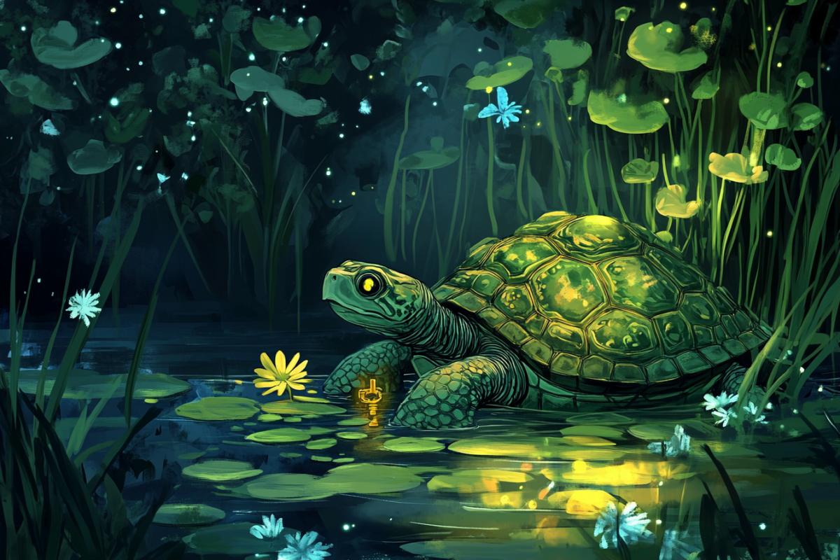 Turtle Tartila in the swamp guards the golden key, illustration for the childrens fairy tale Pinocchio, Horrar