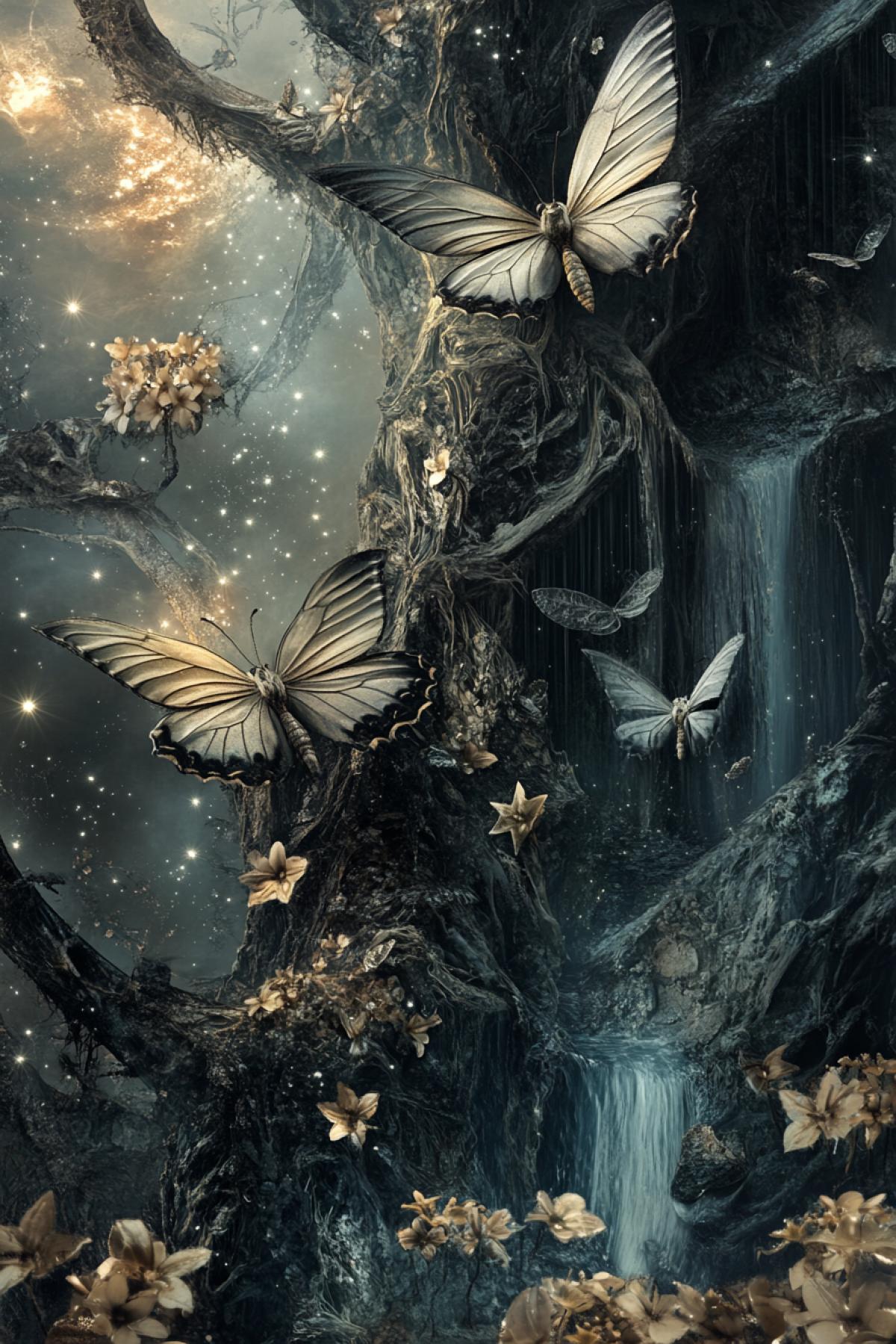 Butterflies are toothy, gray flowers, stars and stream. A terrible surreal dream.