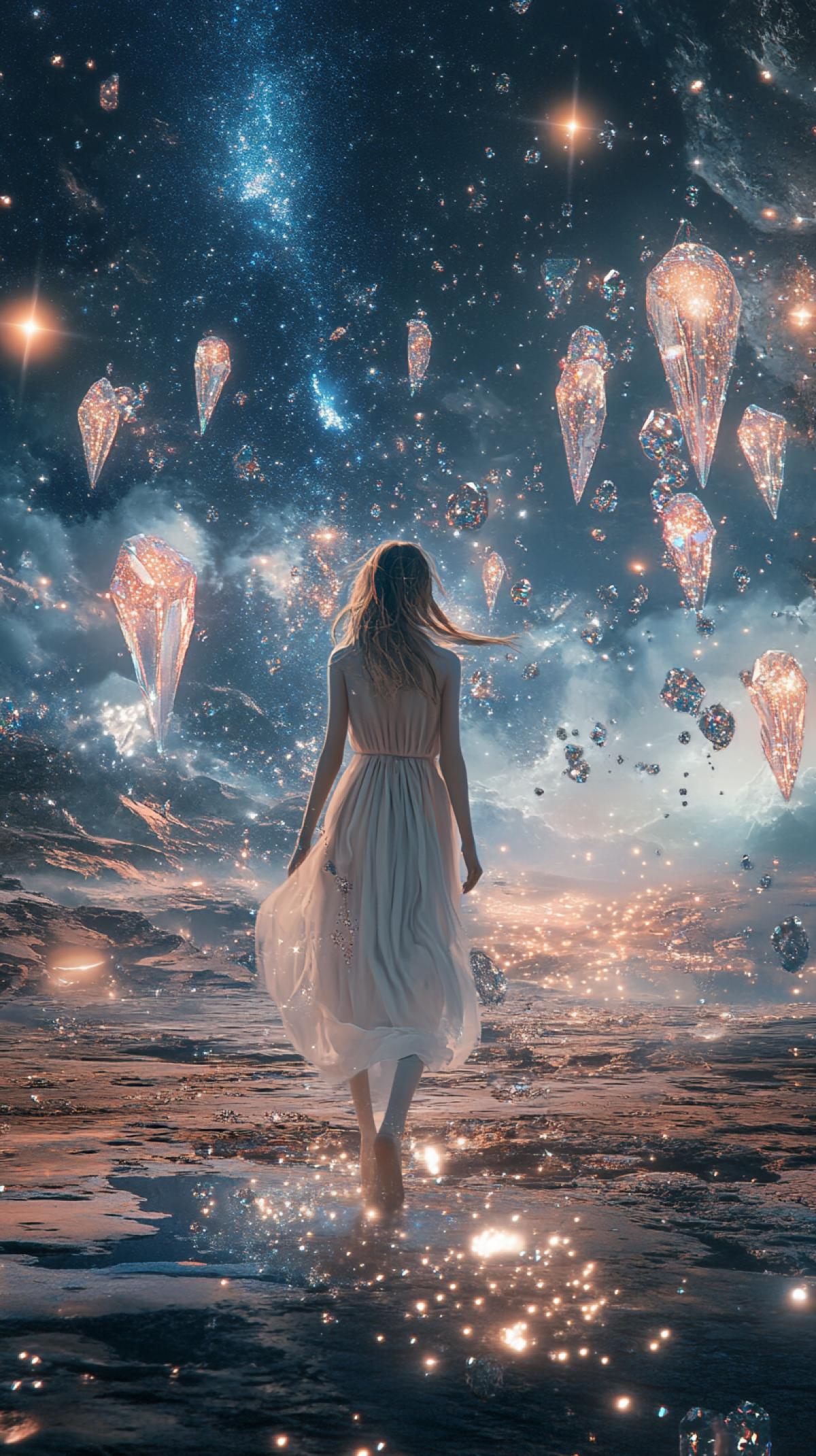 A girl in a dream sees another reality where she lives on another planet. Stars fly around her, and diamonds lie under her feet