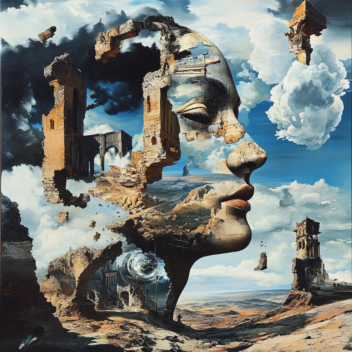 It is necessary to create images where reality smoothly goes into fantasy, and ordinary laws of logic cease to act. Create a picture filled with abstract images, distorted prospects and unexpected combinations of objects and landscapes.