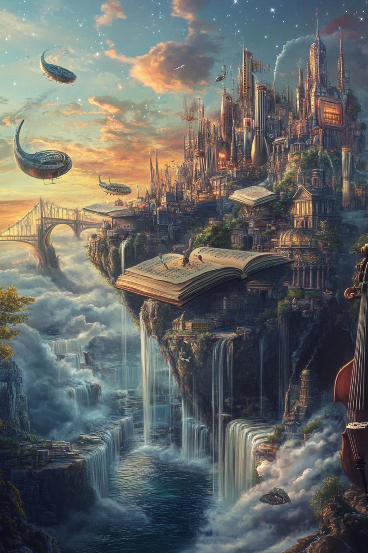 Create a surrealistic dream where the mountains turn into big books, the pages of which shimmer in sunset colors, and rivers flow up, forming bridges from the clouds. Mechanical fish soar in the sky, leaving traces of star dust, and on the horizon you can see a city built of musical instruments, whose sounds merge into the melody of the wind.