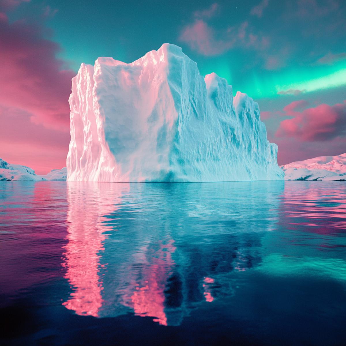 big snowwhite iceberg in the ocean, neon turquoise light comes from the iceberg, the iceberg shines from the inside, the ocean, ice, mirror, northern lights pink turquoise in the sky. Aesthetically, professional photo, realistic, surrealism, bright lighting.