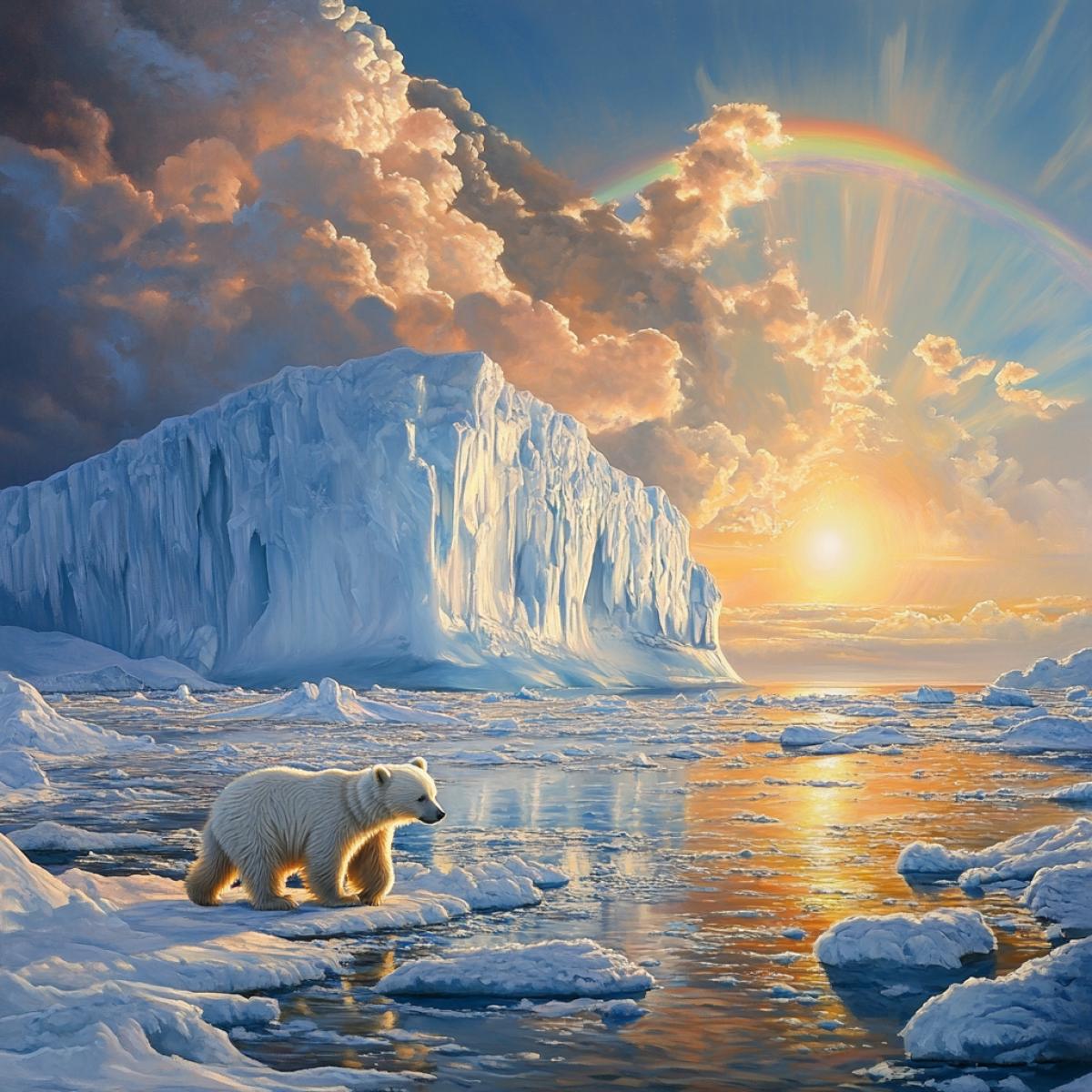 big iceberg, bright horizon, beautiful sun, heap clouds, gloomy from below and rainbow at the top, a bear cub on the ice in the foreground, a crunchy filigree burning snow, . Serene silence, charm, beauty, hyperrealism, bright, saturated