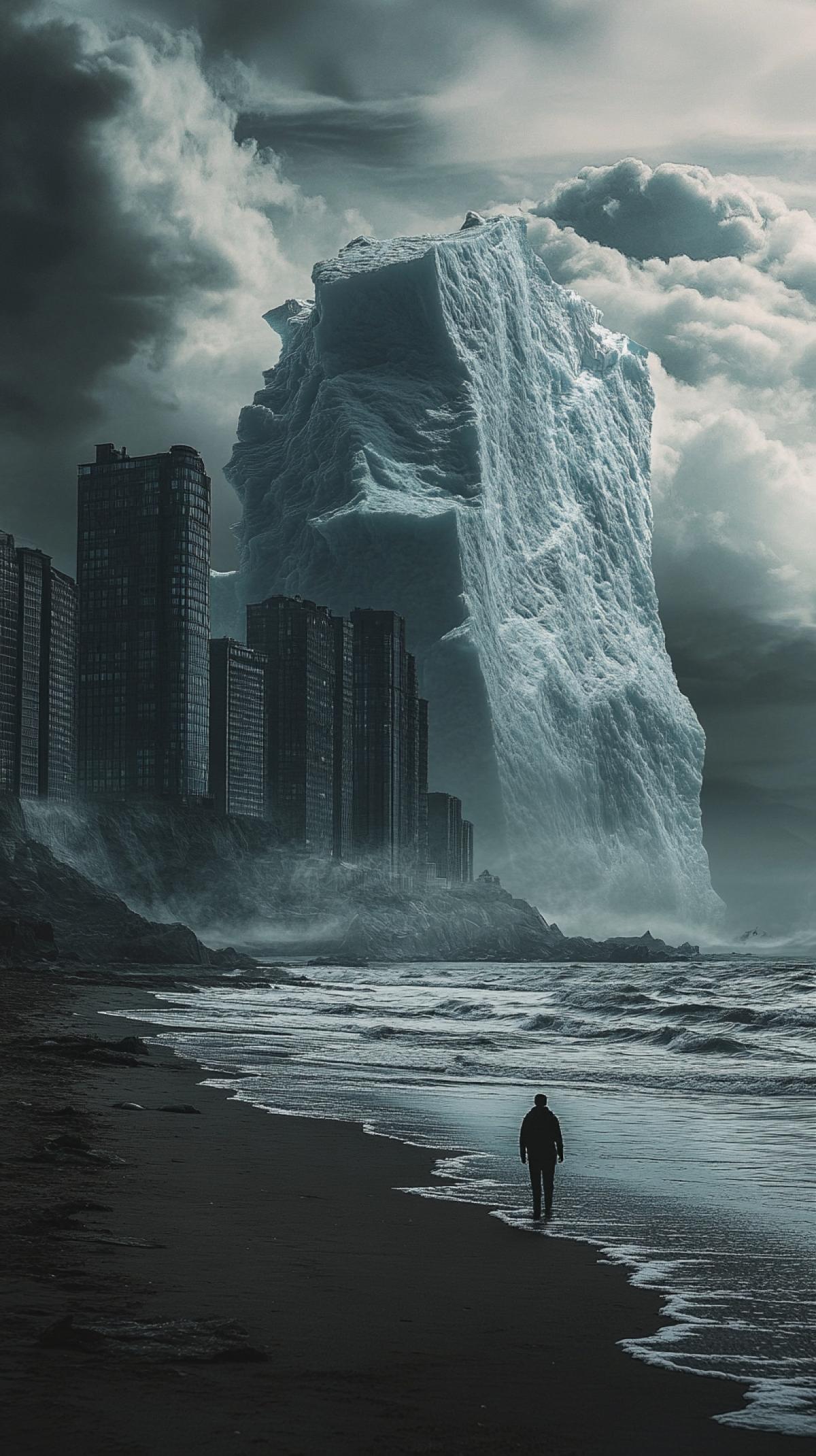 big iceberg in the ocean floats on the city, view from the beach, dark clouds, grayness, disaster, by Jakub Rozalski