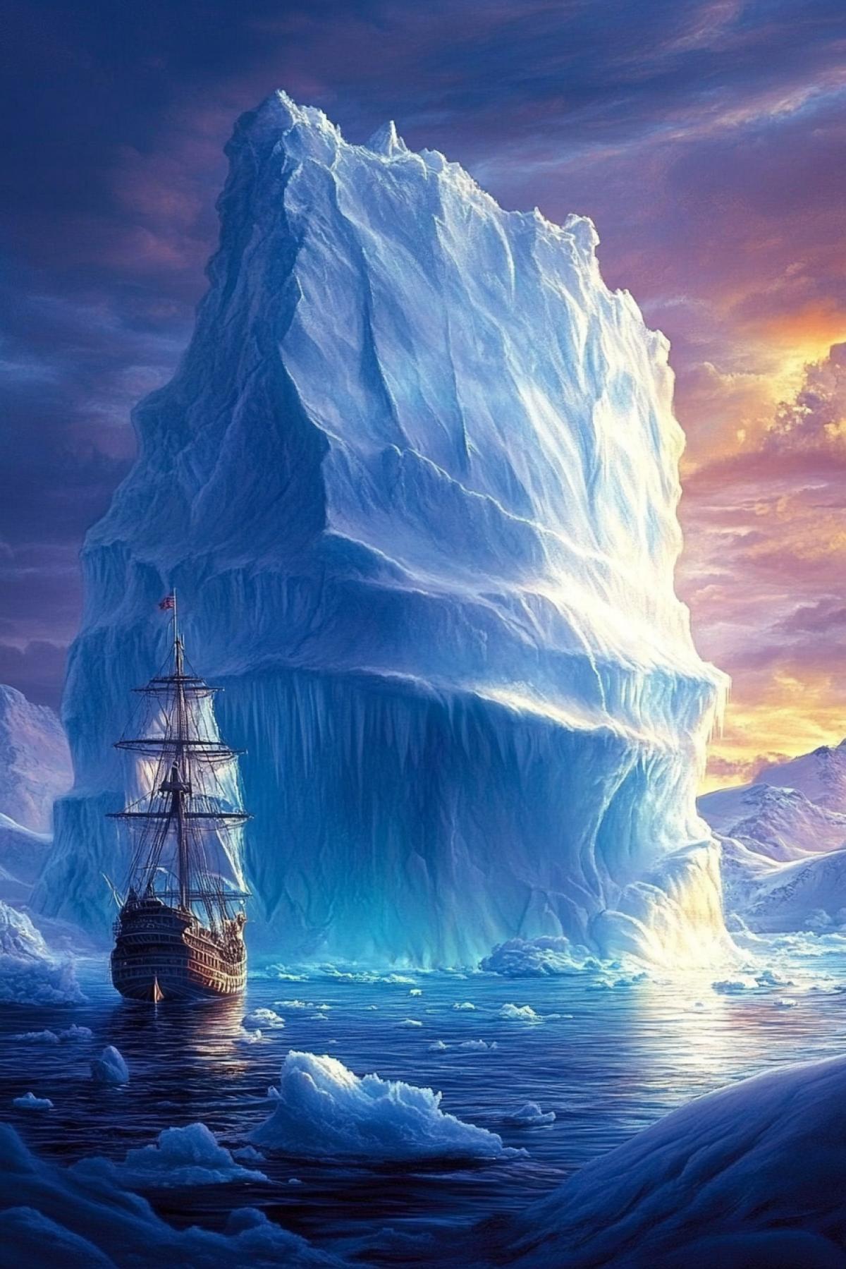 big iceberg in the Arctic Ocean. And in the bottom there is a very small ship