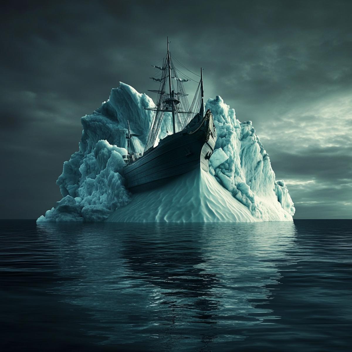 big iceberg in the ocean in the shape of a ship