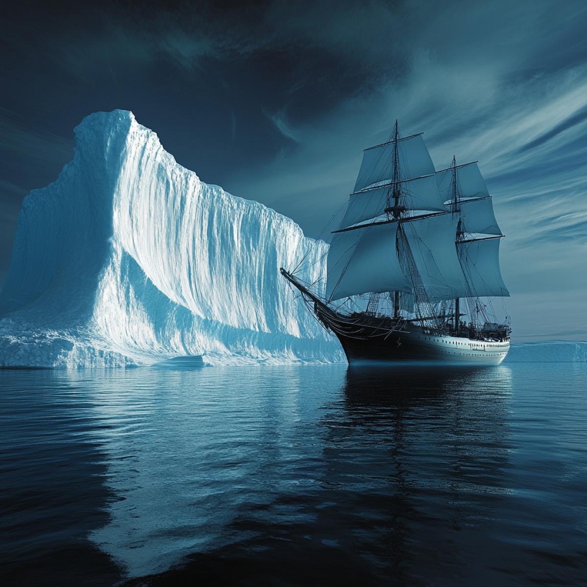 big iceberg in the ocean in the shape of a ship