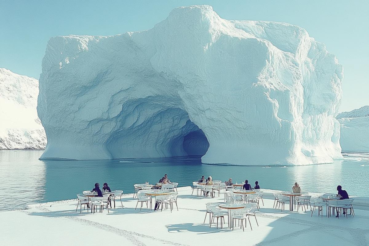 The big iceberg off the African coast, from it, it blows cool and fog rises. In the foreground, an open beach cafe, at the tables resting people with soft cocktails in their hands. On their faces, frightened surprise, they are dressed in s and light beach capes and shirts. They have different skin color.