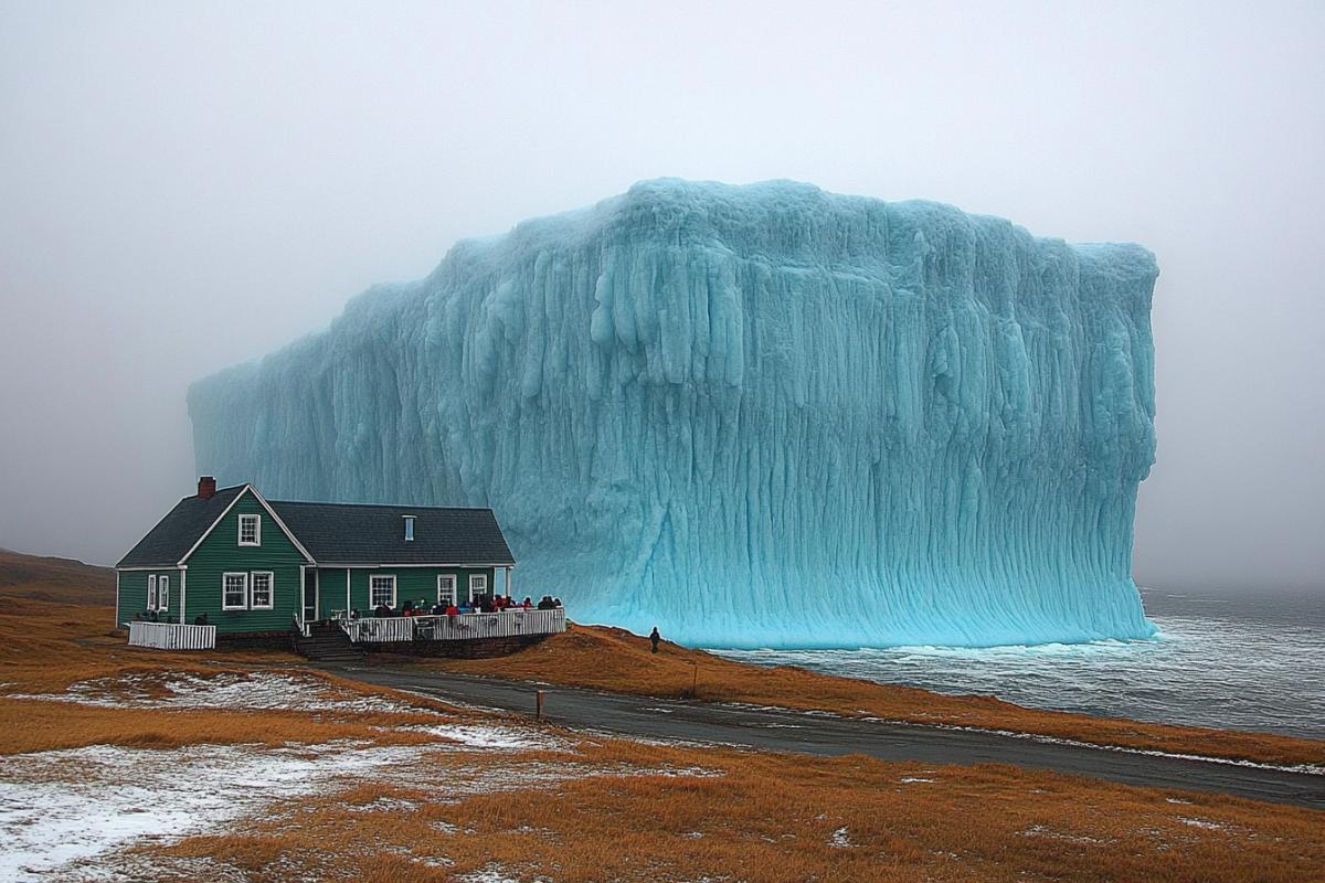 The big iceberg off the African coast, from it, it blows cool and fog rises. In the foreground, an open beach cafe, at the tables resting people with soft cocktails in their hands. On their faces, frightened surprise, they are dressed in s and light beach capes and shirts. They have different skin color.