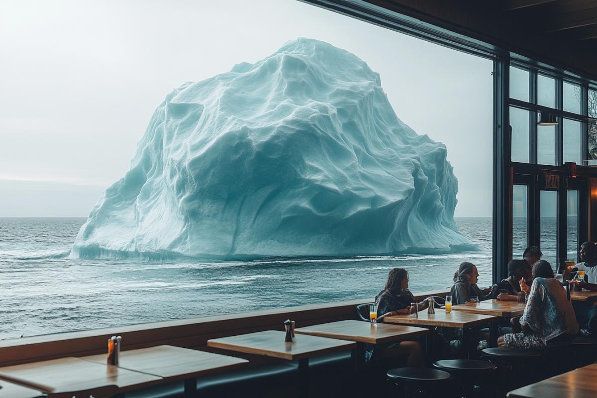 A big iceberg off the African beach coast, from it the coolness blows and fog rises. In the foreground, an open beach cafe, palm trees, summer, heat. At the tables, vacationing people with soft cocktails in their hands. On their faces, frightened surprise, they are dressed in s and light beach capes and shirts. They have different skin color. They are in a panic from the iceberg seen.