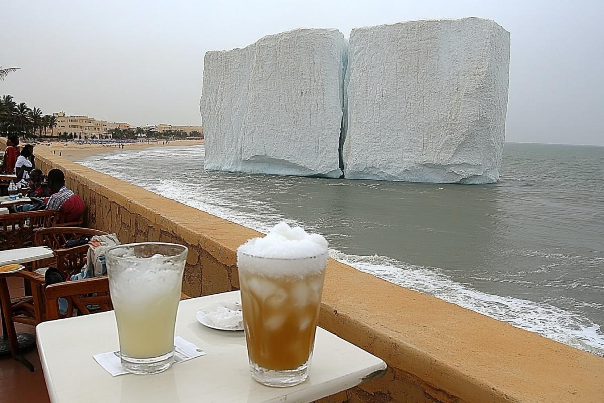 A big iceberg off the African beach coast, from it the coolness blows and fog rises. In the foreground, an open beach cafe, palm trees, summer, heat. At the tables, vacationing people with soft cocktails in their hands. On their faces, frightened surprise, they are dressed in s and light beach capes and shirts. They have different skin color. They are in a panic from the iceberg seen.