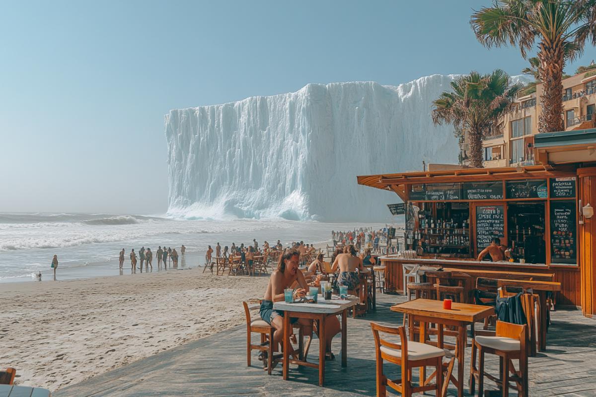A big iceberg off the African beach coast, from it the coolness blows and fog rises. In the foreground, an open beach cafe, palm trees, summer, heat. At the tables, vacationing people with soft cocktails in their hands. On their faces, frightened surprise, they are dressed in s and light beach capes and shirts. They have different skin color. They are in a panic from the iceberg seen.