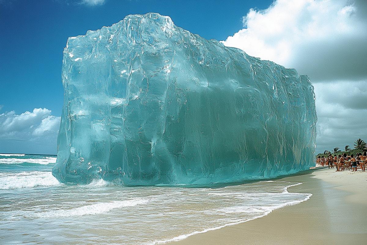 A big iceberg off the African beach coast, from it the coolness blows and fog rises. In the foreground, an open beach cafe, palm trees, summer, heat. At the tables, vacationing people with soft cocktails in their hands. On their faces, frightened surprise, they are dressed in s and light beach capes and shirts. They have different skin color. They are in a panic from the iceberg seen.
