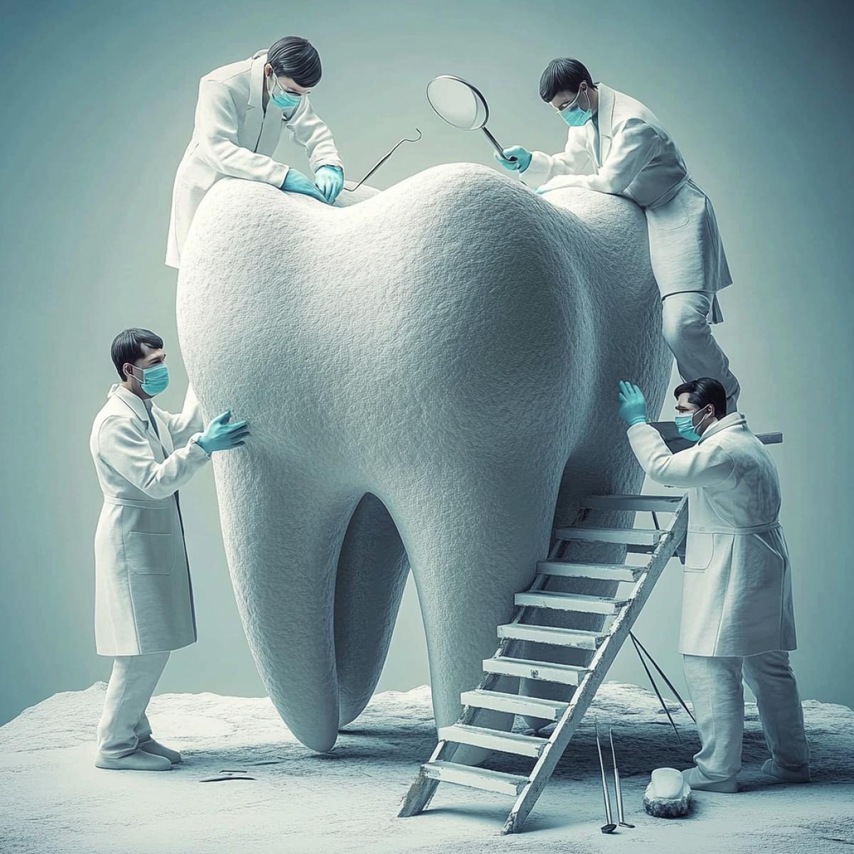 Doctors dentists in white coats, masks, gloves are being repaired by a big tooth. A staircase is assigned to the tooth, doctors on the tooth and next to the tooth, tapped with instruments, look into a magnifying glass. Surrealism, highquality photo