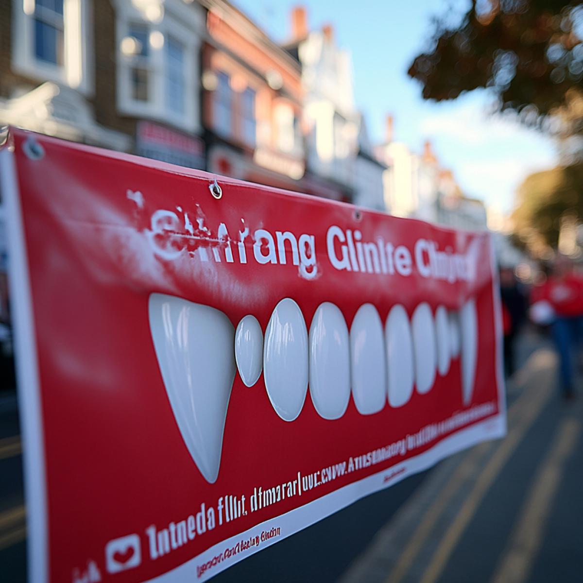 An advertising banner on City Street, with an advertisement for a dental clinic, which depicts a vampire smile, demonstrating snowwhite teeth and the sharpest fangs