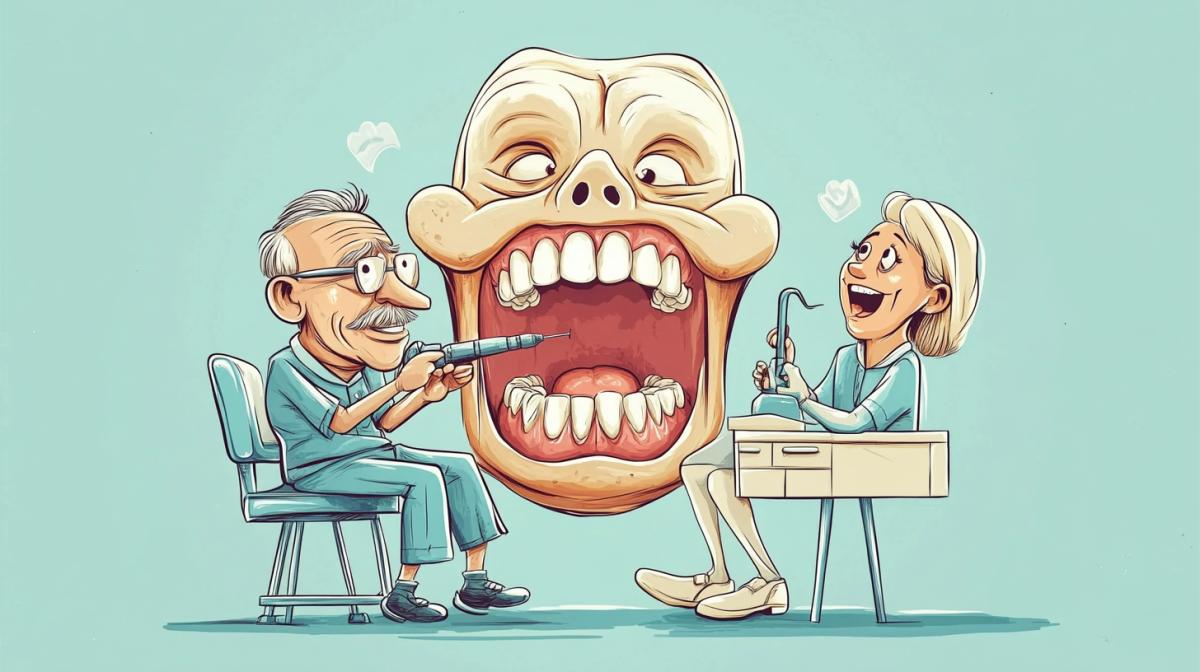 A very old dentist in a gigantic mouth is drilling a tooth with a perforator, a nurse plasterers tooth a tooth