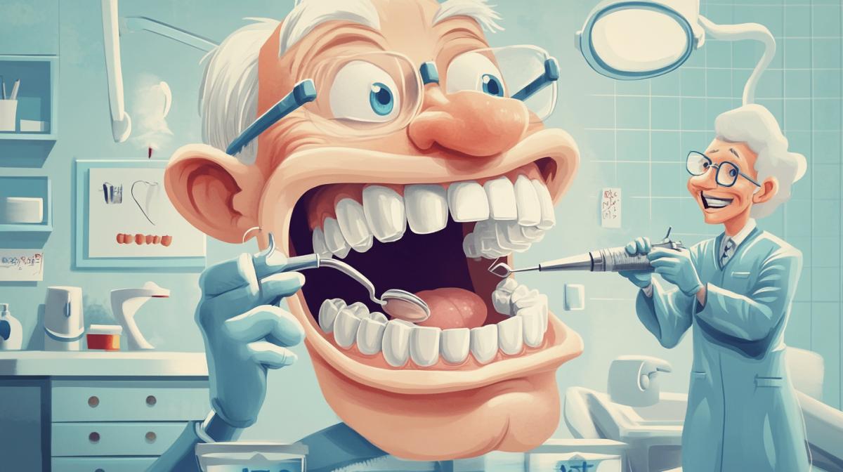A very old dentist in a gigantic mouth is drilling a tooth with a perforator, a nurse plasterers tooth a tooth