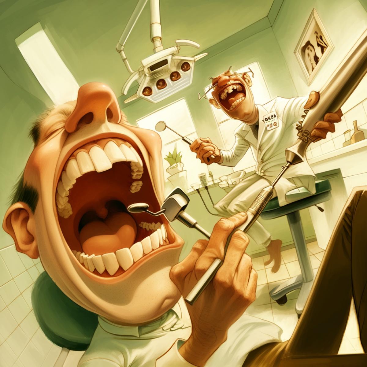 Advertising of the dental clinic, in the style of caricature, in the frame of the patient in the dental chair, with his mouth wide open, you can see how he shakes heavily, and next to him, with a big manual drilling rig in his hands, a person in a dentist costume, with a wide miserable smile, drawing, caricature