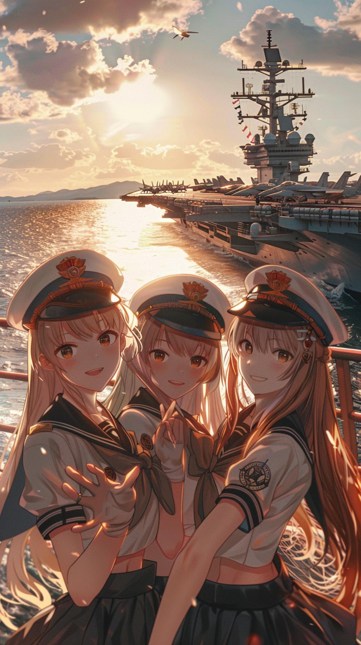In the foreground, three girls with long hair of a brownhaired woman, a blonde and a redhead hold their caps in a snowwhitewinginglike military uniform smile into a camera, in the background of a pier with an aircraft carrier, in the sky the sun and light clouds, an atmosphere of a warm summer day in a port city, a photo of a high qualities, maximum details