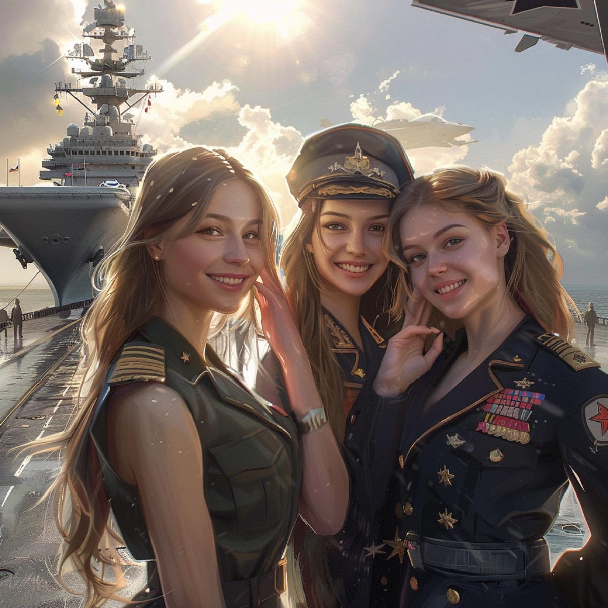 In the foreground there are three girls with long hair of a brownhaired woman, a blonde and redhead in a snowwhitewinging ceremonial military uniform smile into a camera, in the background a pier with an aircraft carrier, in the sky the sun and light clouds, the atmosphere of a warm summer day in a port city, a photo of high quality, a maximum of details