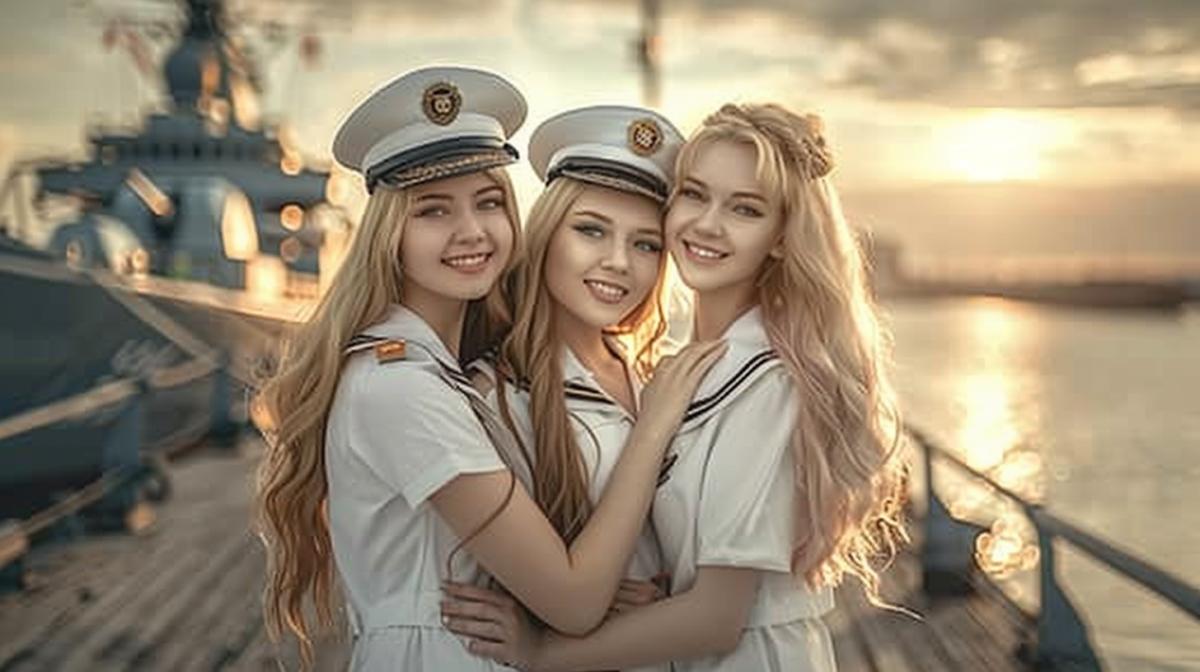 3 Girls with long hair of the brownhaired woman, blonde and redhead in snowwhite front military uniforms smile into the camera, behind the pier with a big warship, the sun and light clouds, the atmosphere of a warm summer day in the port city, a photograph of high quality, a maximum of details