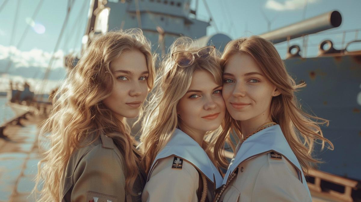 3 Girls with long hair of the brownhaired woman, blonde and redhead in snowwhite front military uniforms smile into the camera, behind the pier with a big warship, the sun and light clouds, the atmosphere of a warm summer day in the port city, a photograph of high quality, a maximum of details