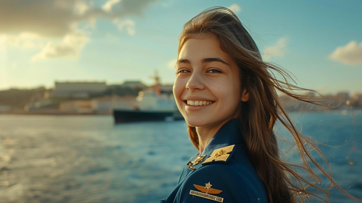 In the foreground, a girl with long hair in a blue frontline military uniform smiles into the camera, in the background of the sea, in the sky the sun and light clouds, the atmosphere of a warm summer day in the port city, a photo of high quality, a maximum of details