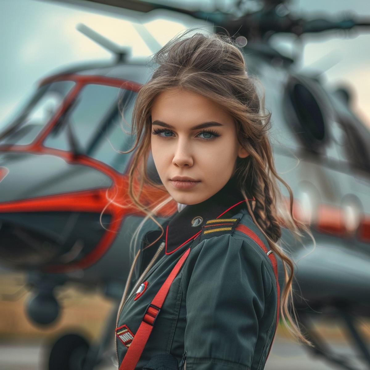Stewardess girls 4k against the background of Ka-52 helicopter. Stagefree advertising photo