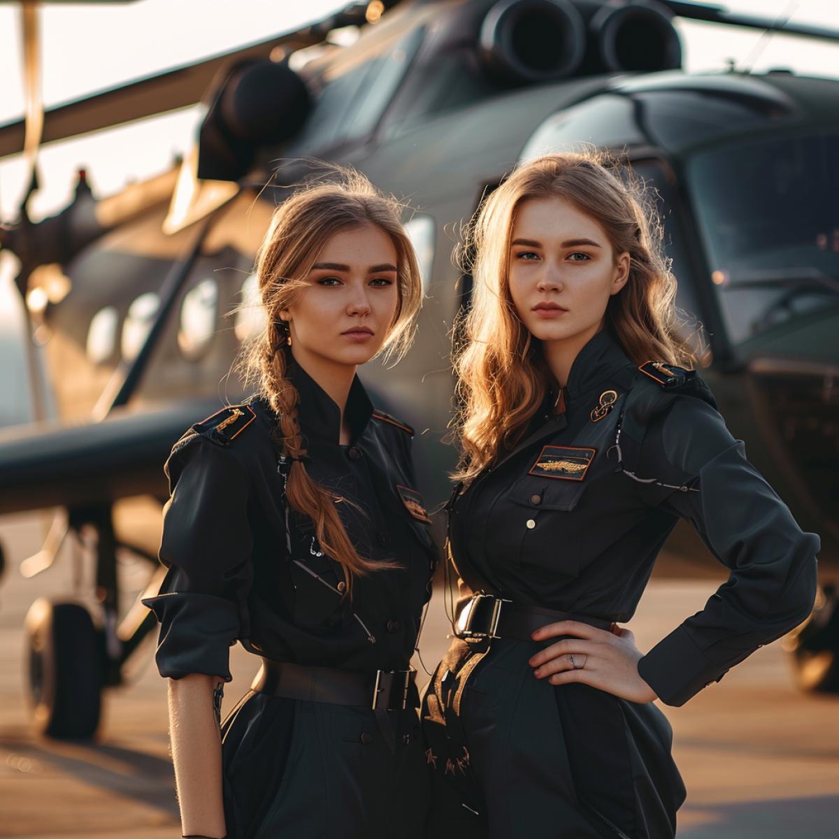 Stewardess girls 4k against the background of Ka-52 helicopter. Stagefree advertising photo