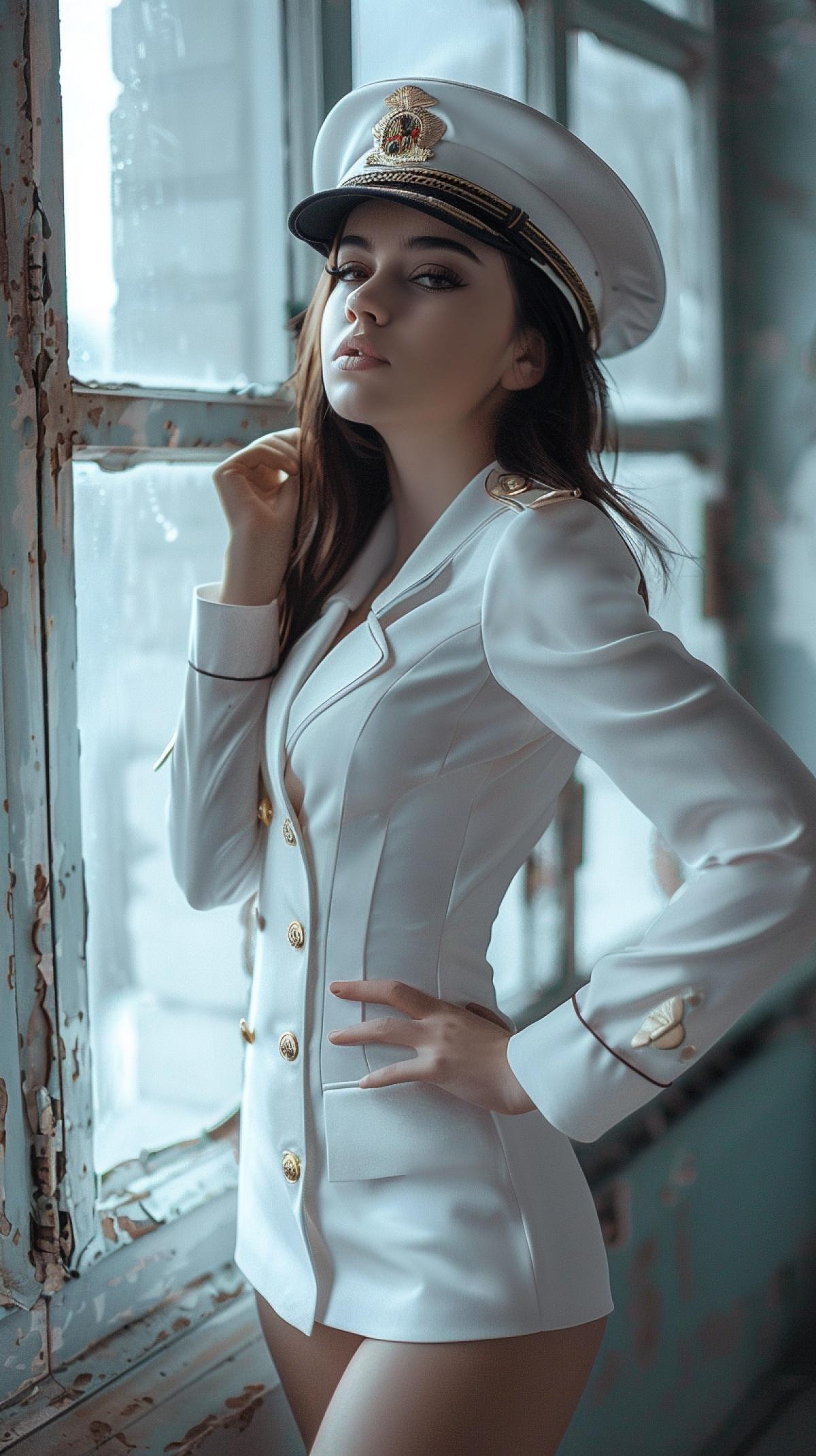 In full height, Anfas is a beautiful slender girl in a snowwhite strict military uniform, coquetry straightens her hair, highquality photo, atmosphere of femininity, contour lighting