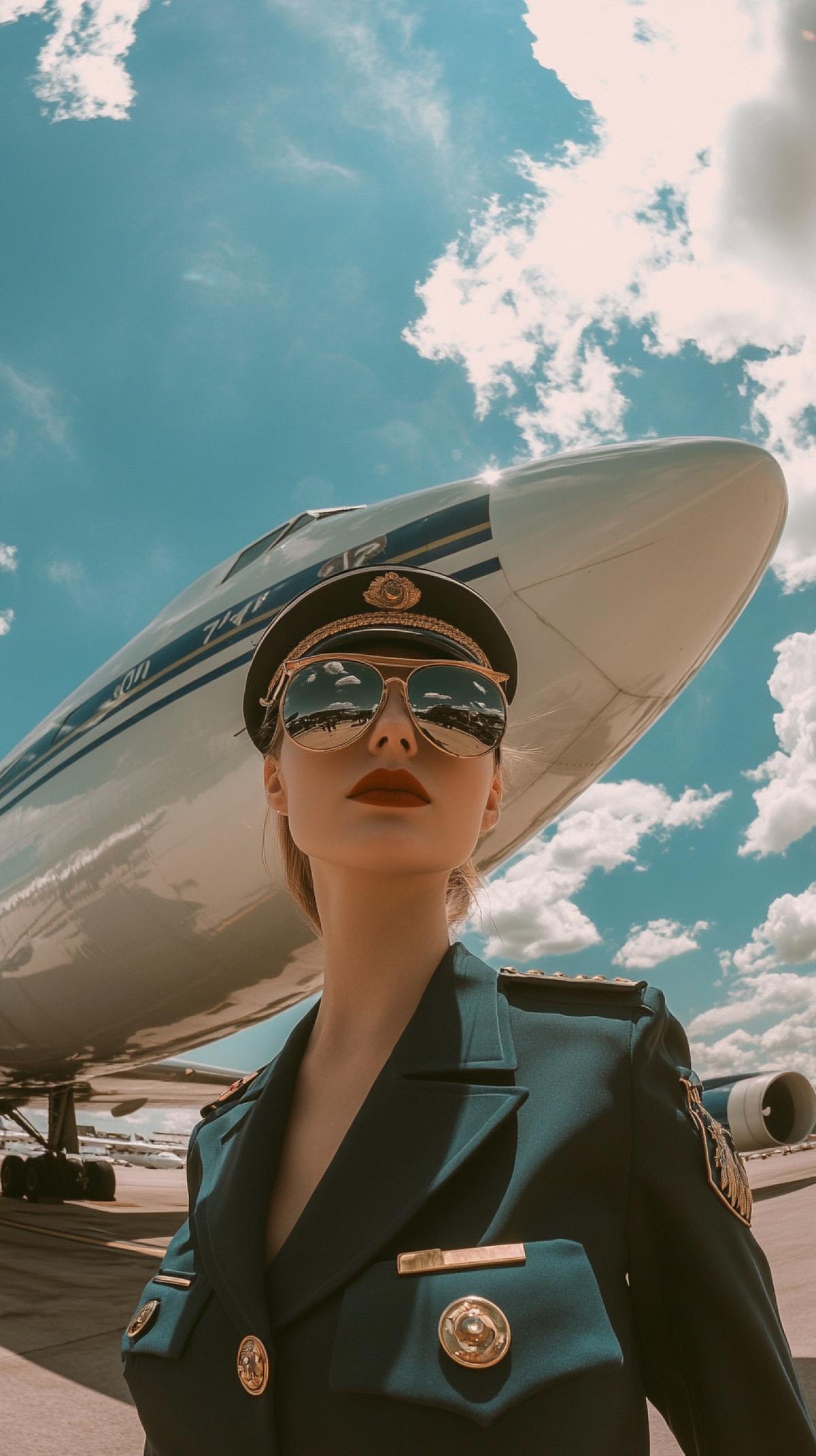 a picture of a pilots girlfriend in uniform against the background of an airplane and the sky in Y2K fashion style, uniformed flight attendants are standing on the ramp, large sunglasses, fashion photography style, long exposure, soft pastel colors, low viewing angle, fisheye style raw stylization 50