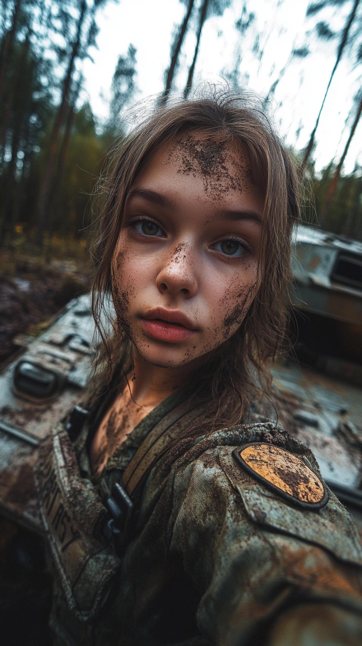 a picture of a tanker girl in a uniform against the background of a tank and a forest, dirt on her face, in the style of fashion photography, with long exposure, soft pastel colors, with a high viewing angle, fisheye style raw stylization 50