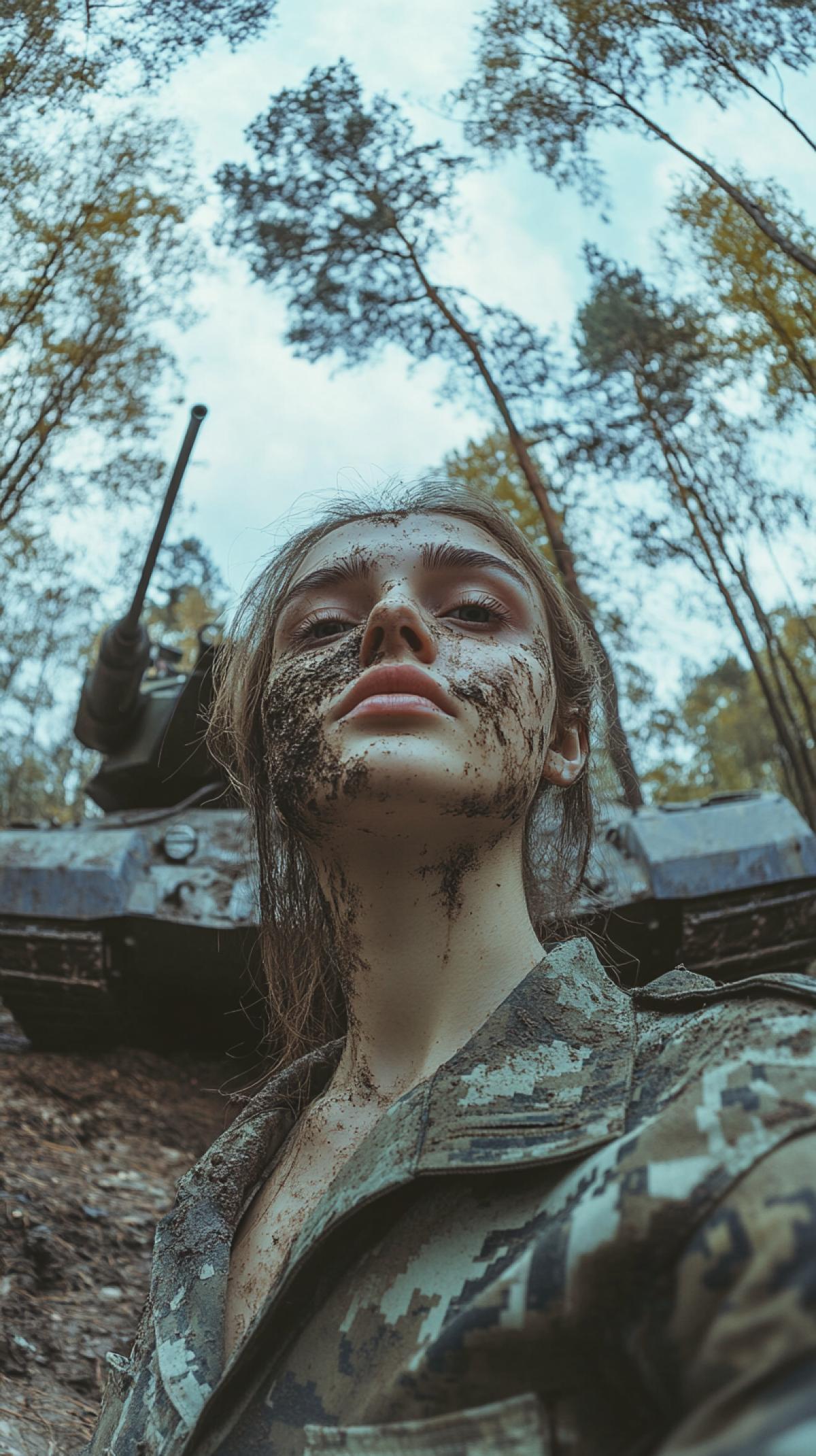 a picture of a tanker girl in a uniform against the background of a tank and a forest, dirt on her face, in the style of fashion photography, with long exposure, soft pastel colors, with a high viewing angle, fisheye style raw stylization 50