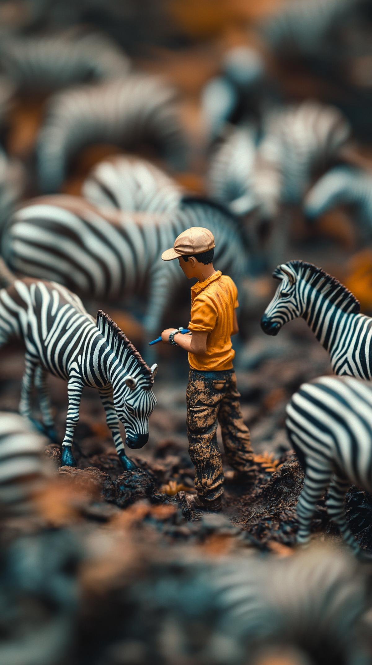 miniature photography, story shooting, close-up of a worker in an African nature reserve, a worker caring for zebras, the art of miniature photography, beautiful lighting, diagonal com4k, fabulous texture, advanced photography style, warm tones, nature, surrealist style, high quality, Fujifilm style raw