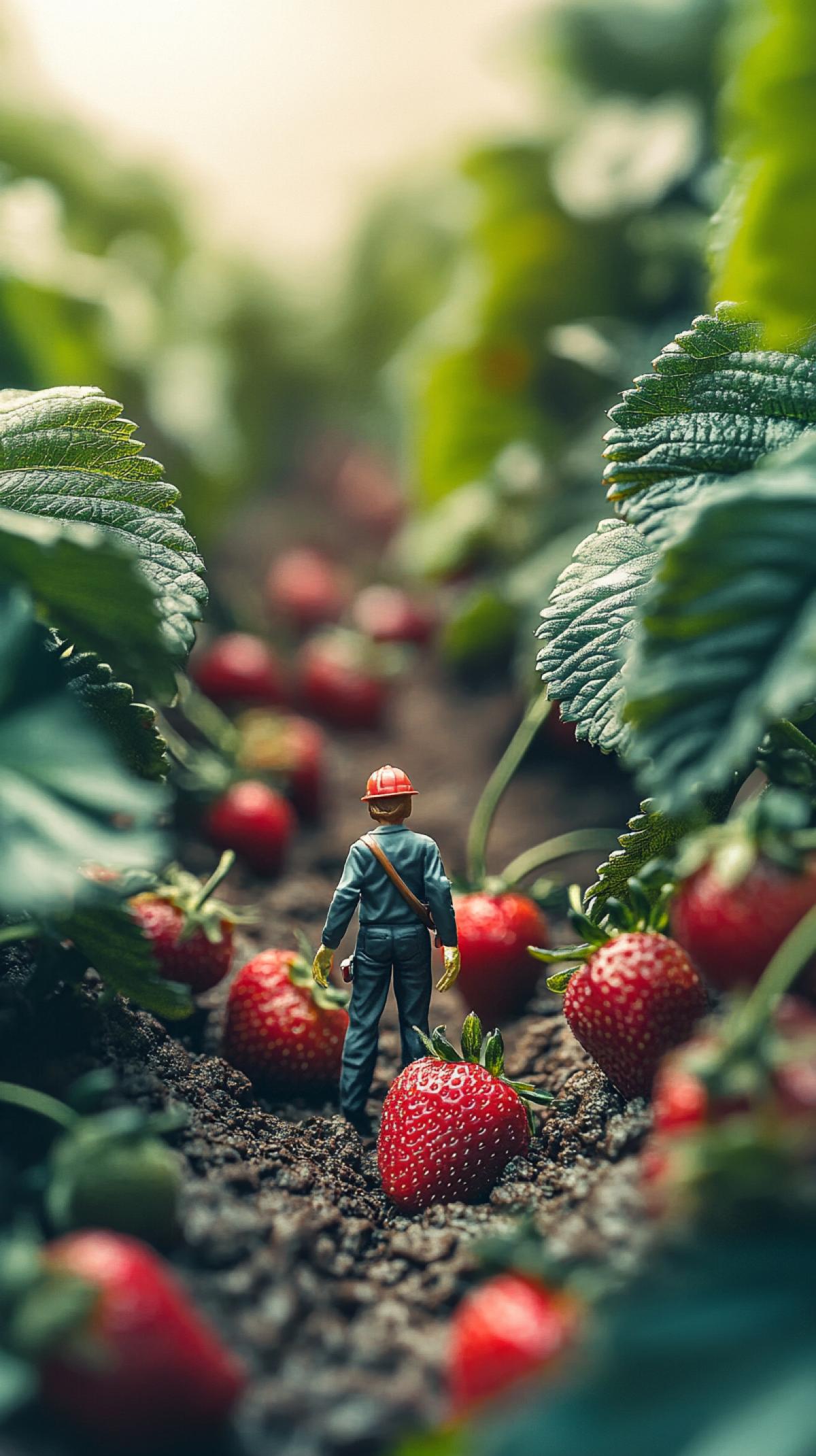 miniature photography, story shooting, close-up of a worker in a strawberry field, miniature photography art, beautiful lighting, diagonal com4k, fabulous texture, advanced photography style, warm tones, nature, surrealist style, high quality, Fujifilm style raw