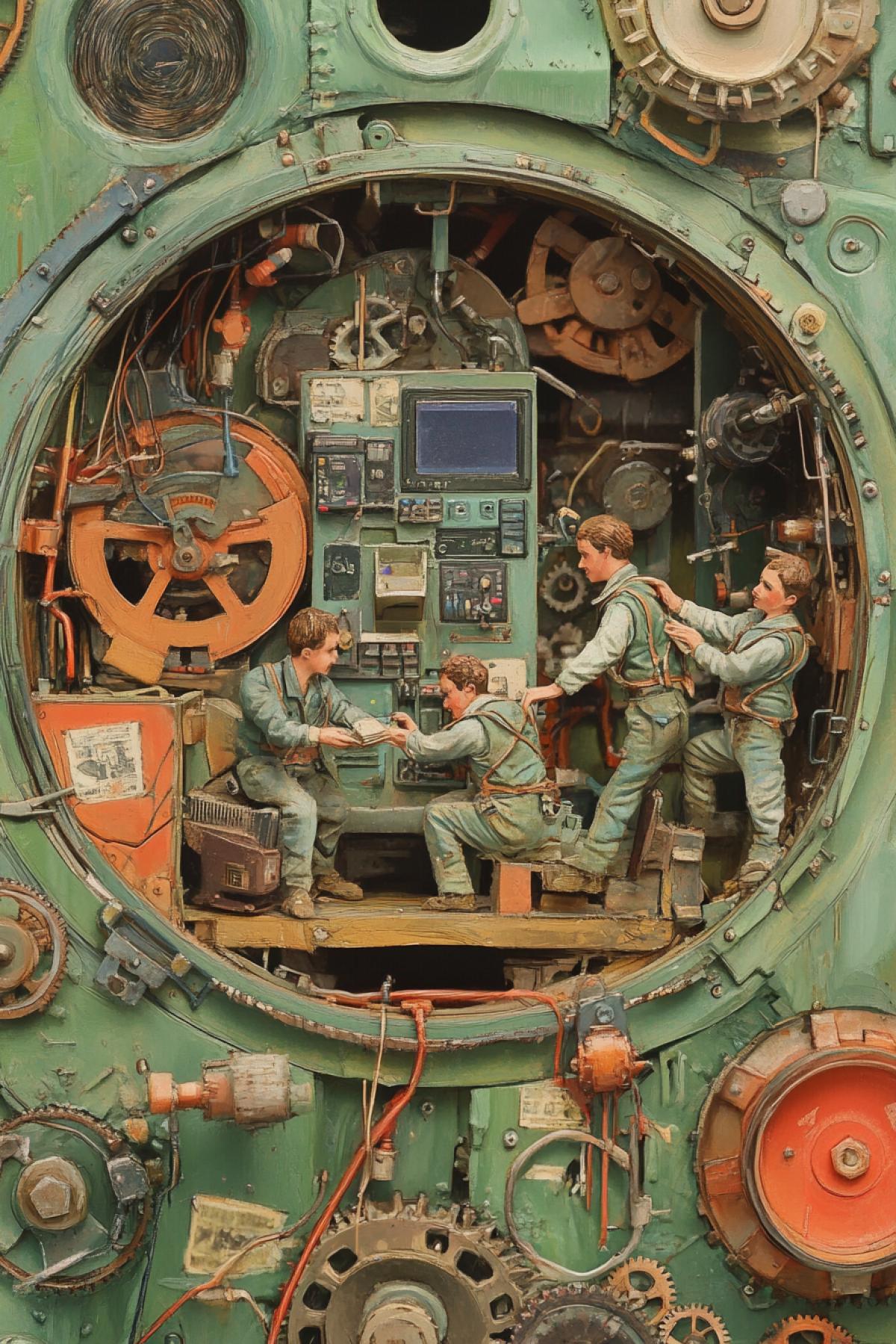 ATM in section. Image of the inside of the ATM, where tiny live people are working to keep it running. They are dressed in miniature working overalls and use tiny tools. One man checks wires, another counts money, a third presses buttons on a miniature control panel. Gears, wires and screens can be seen all around them, creating an atmosphere of complex machinery. The style of the image is bright, detailed, with elements of humor and fantasy.
