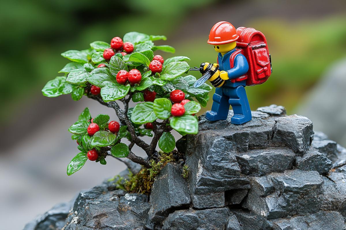 Miniature photography, narrative photography, close-up of a miniature worker riding a bee pollinating plants in a plantation from a special satchel, art of miniature photography, beautiful lighting, diagonal com4k, fabulous texture, advanced photography style, warm colors, nature, surreal style, high quality, Fujifilm