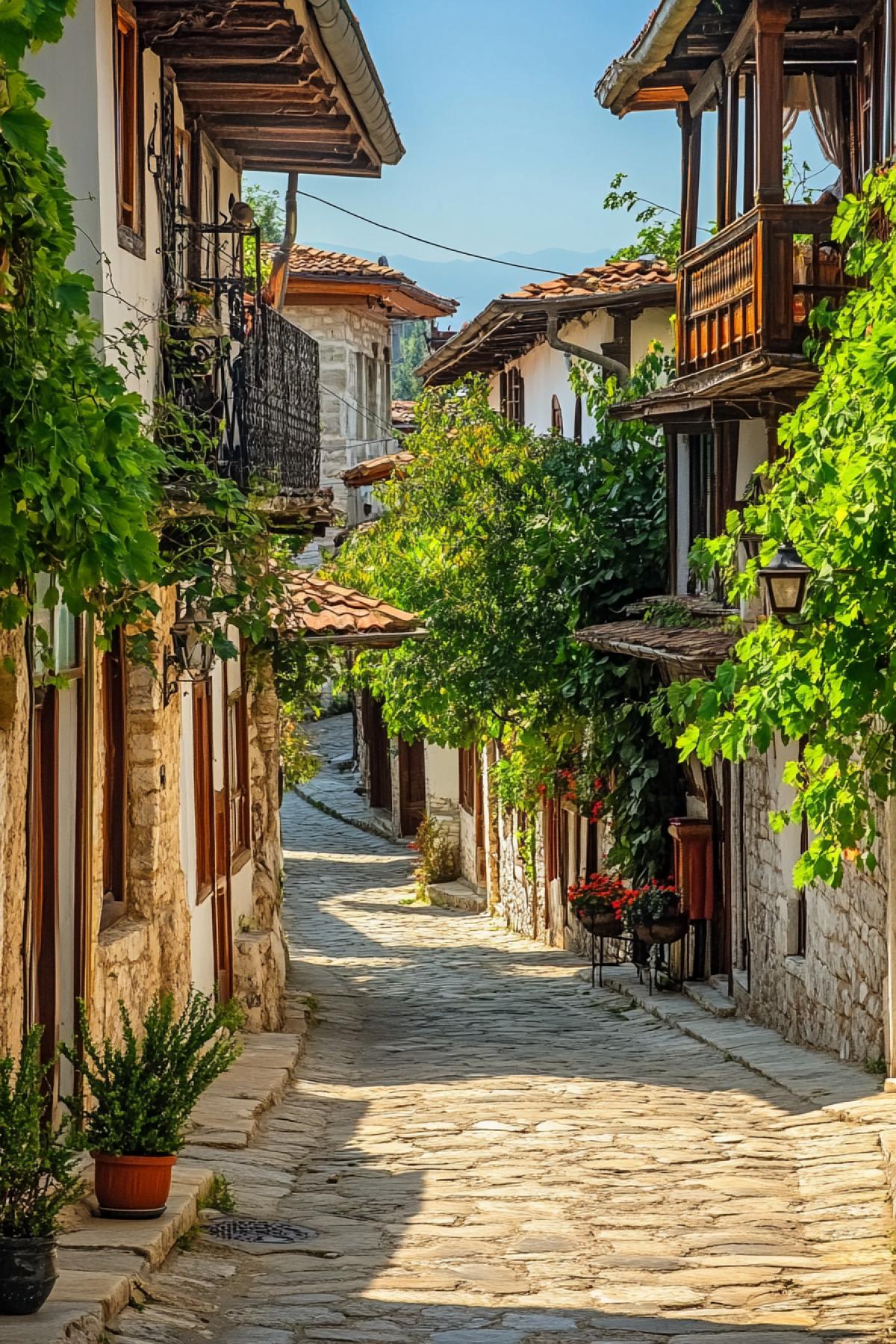 A cozy, narrow street hidden in the old city or exotic corner of the world. Perhaps this is a prayer road surrounded by ancient stone walls, stolen ivy, or bright facades of houses with carved balconies and lanterns