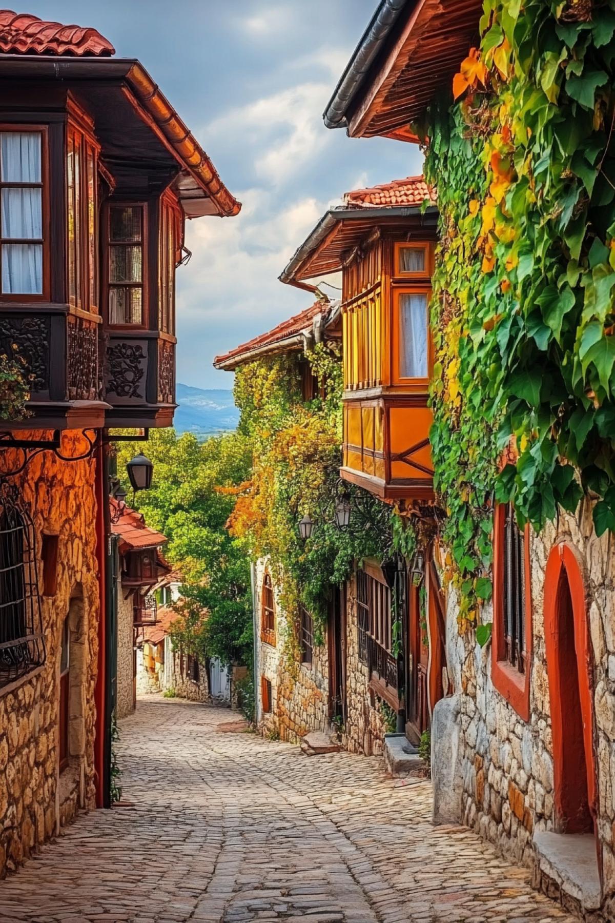 A cozy, narrow street hidden in the old city or exotic corner of the world. Perhaps this is a prayer road surrounded by ancient stone walls, stolen ivy, or bright facades of houses with carved balconies and lanterns