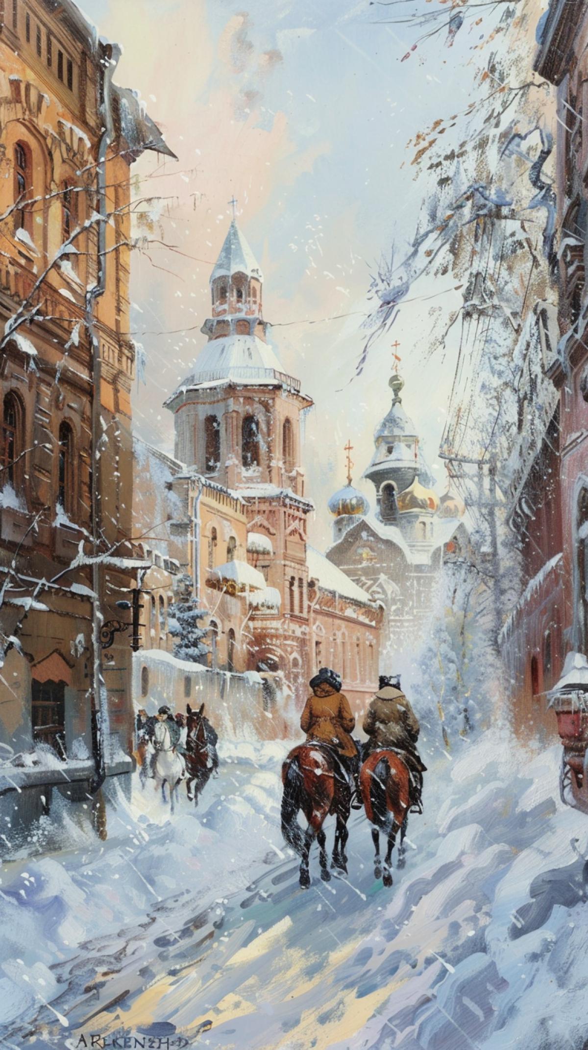 A narrow street of an old Russian town in winter, snowdrifts, a three horses, an atmosphere of a sunny winter day