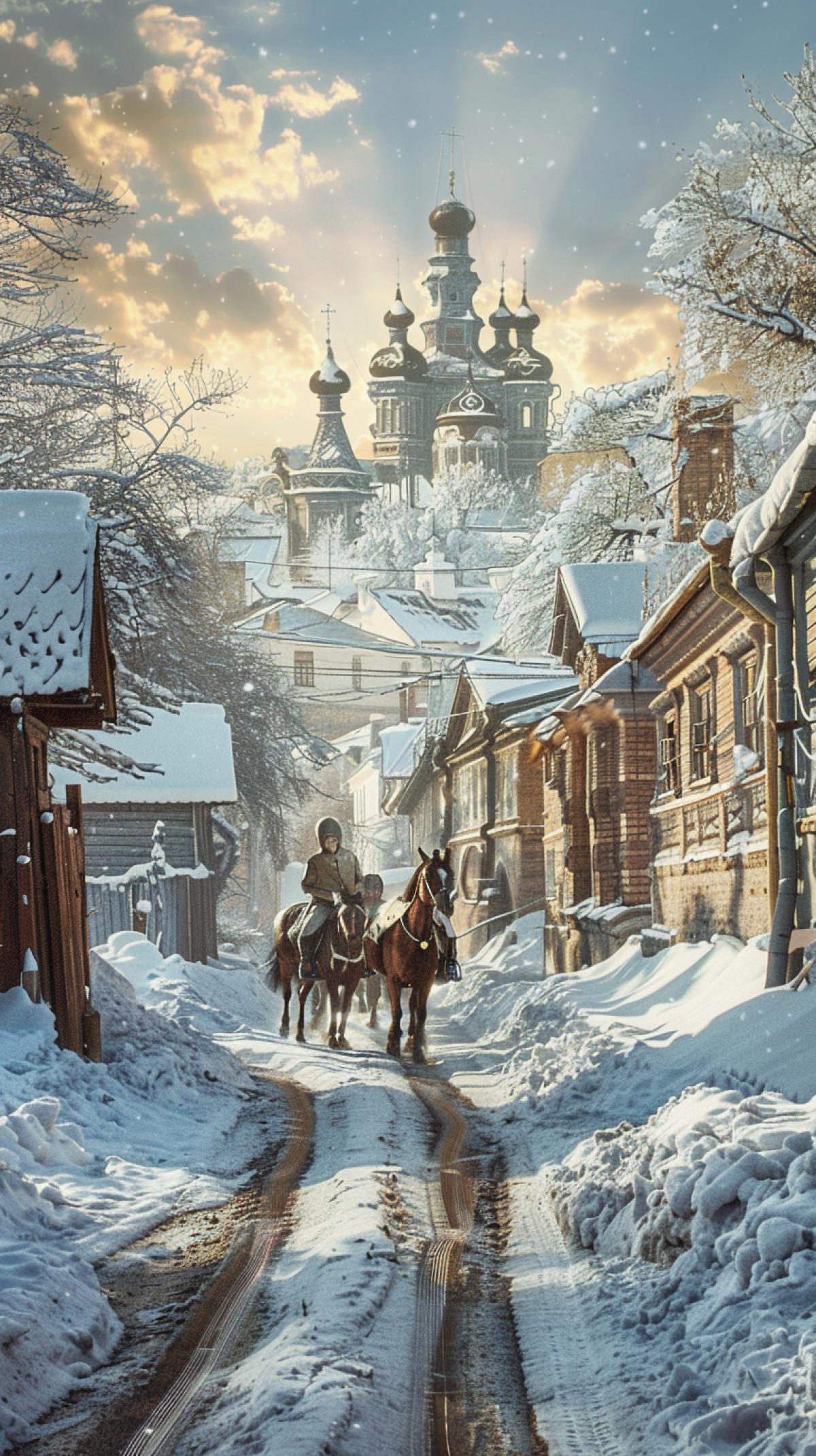 A narrow street of an old Russian town in winter, snowdrifts, a three horses, an atmosphere of a sunny winter day, a photograph of high quality