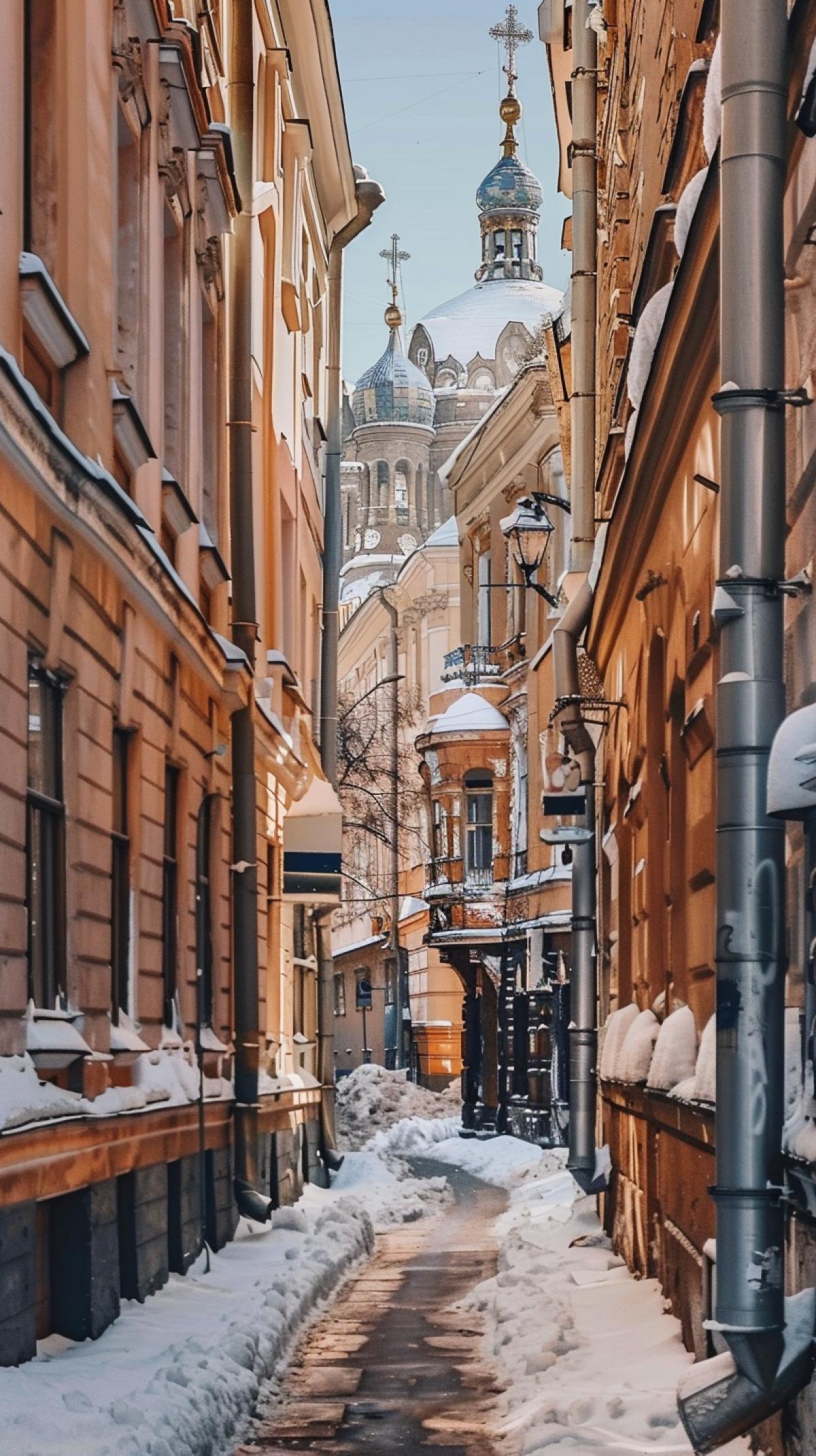 The narrow street of the ancient part of St. Petersburg in winter, snow, at the end of the street you can see the arrow of the Vasilyevsky Island, the atmosphere of the sunny winter day