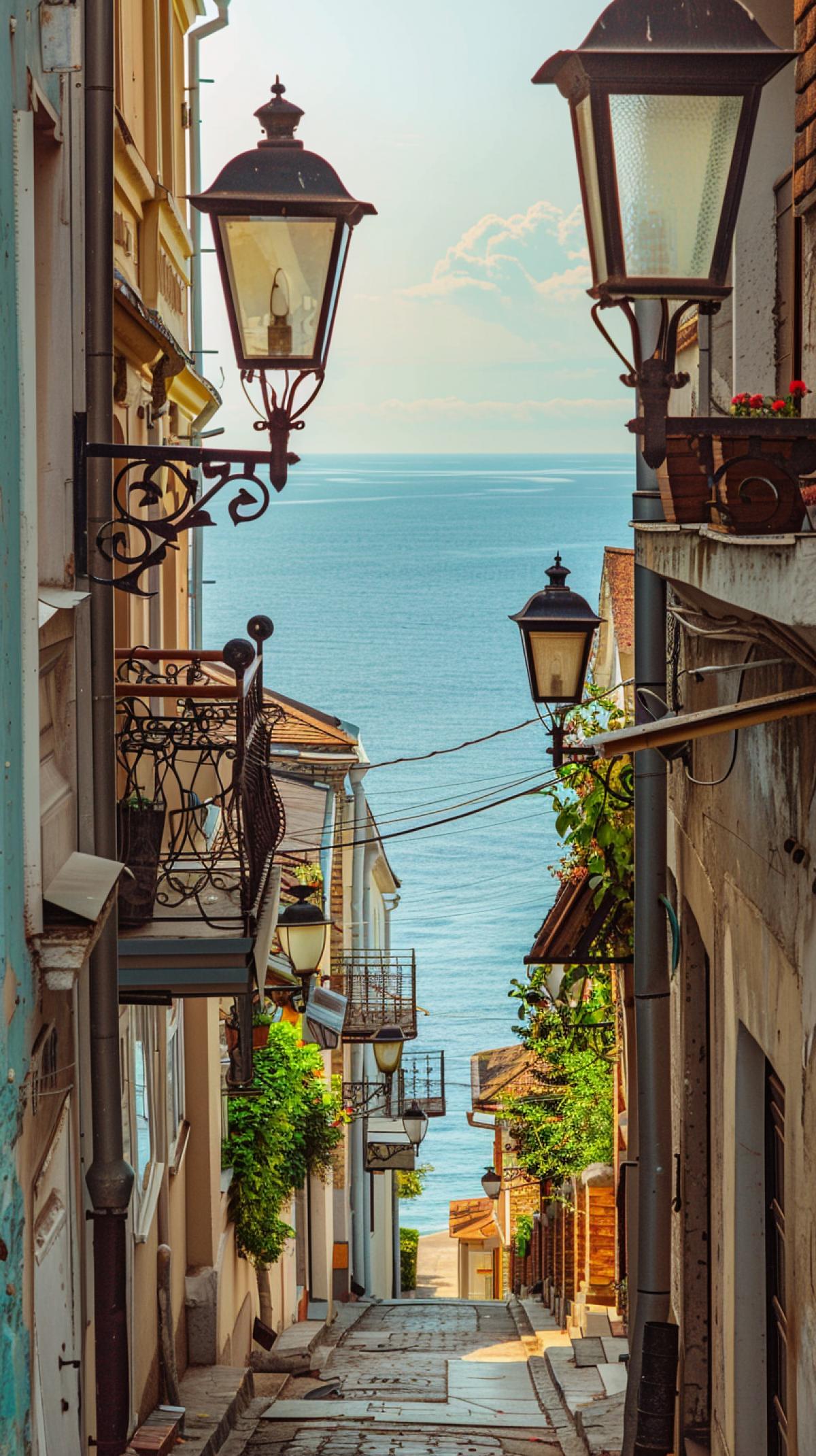 The narrow street of the Primorsky Southern town descends to the sea, openwork balconies, castiron lanterns, atmosphere of a tape day of the resort town, a photograph of high detail