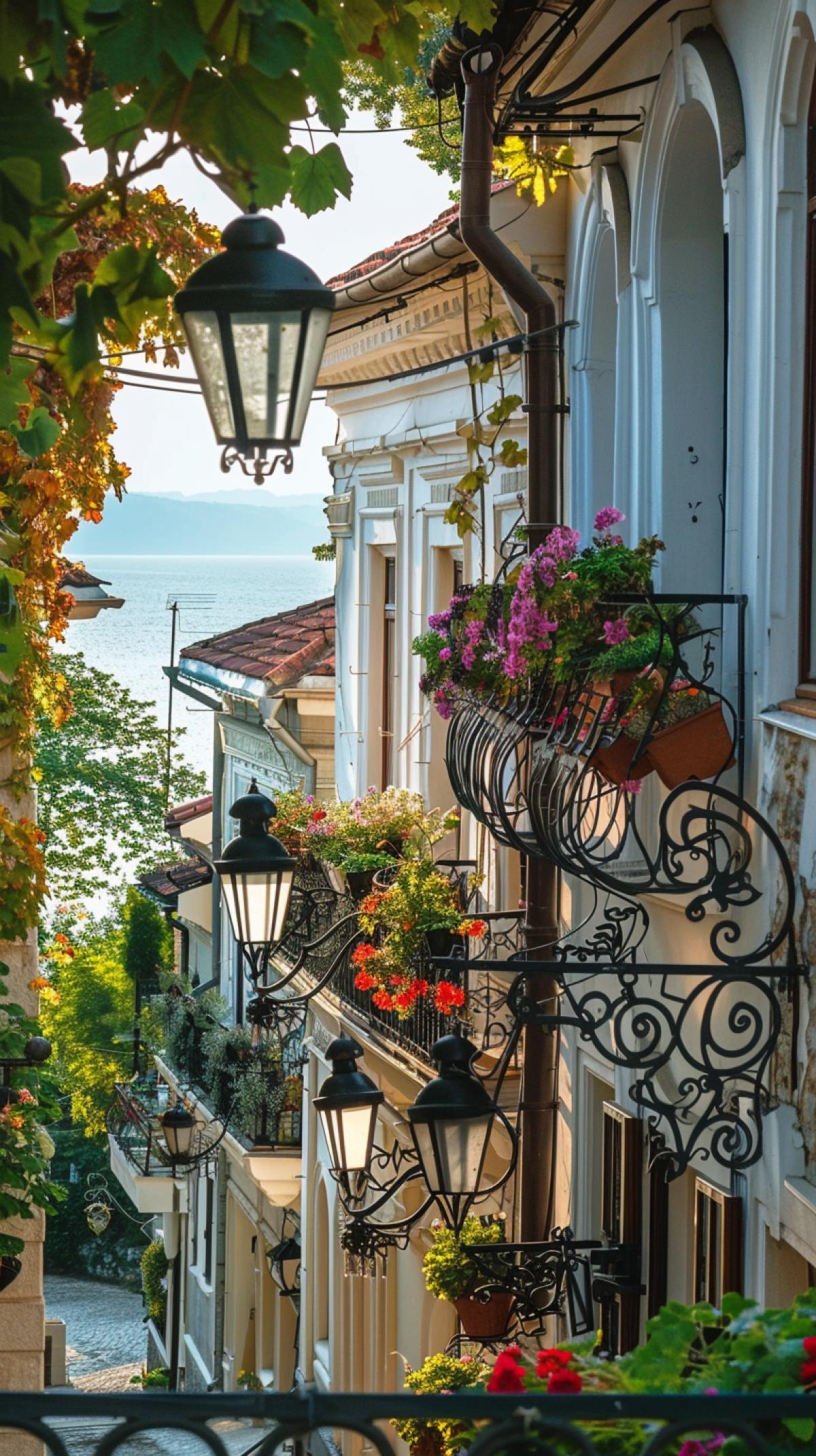The narrow street of the Primorsky town descends to the sea, openwork balconies, castiron lanterns, flowers in pots on balconies, on the lanterns of the vine of grapes, the atmosphere of the summer day of the resort town, a photograph of high detail