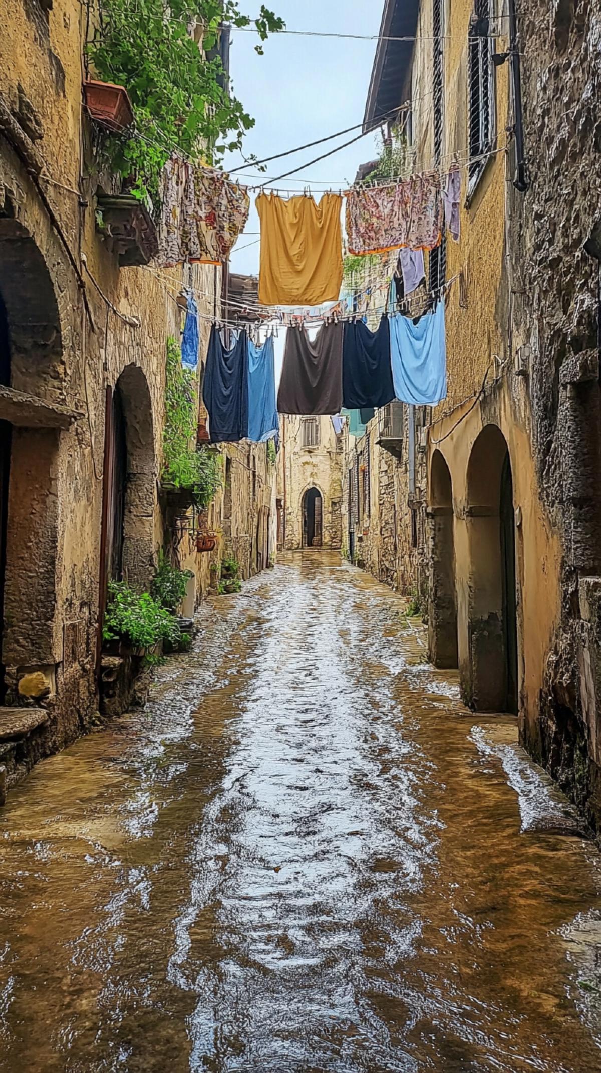 color photo of a narrow street in Italy, a water channel instead of a road, laundry hanging on ropes across the street style raw