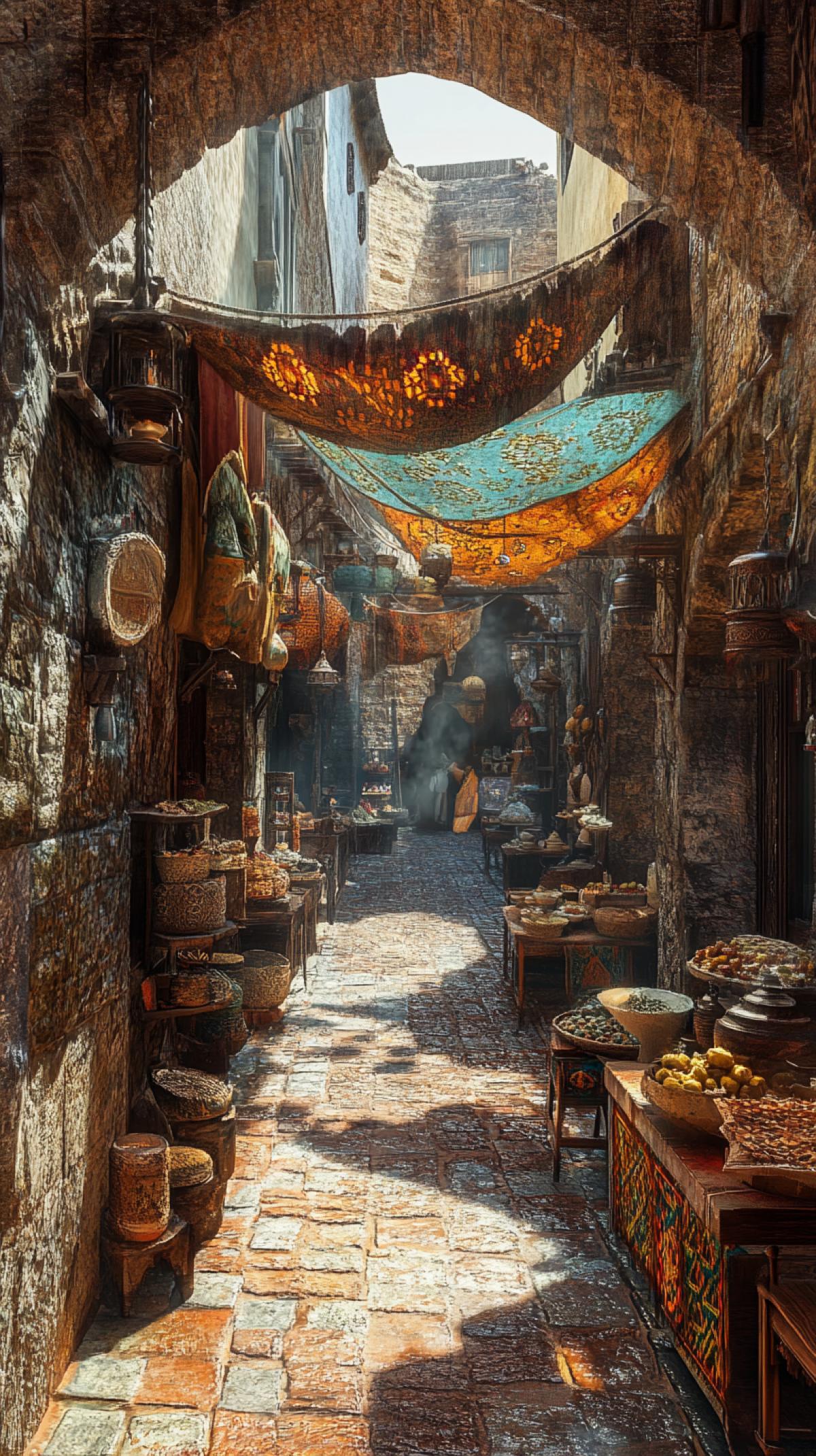 color photo of a narrow street and market in Morocco, 1600 style raw
