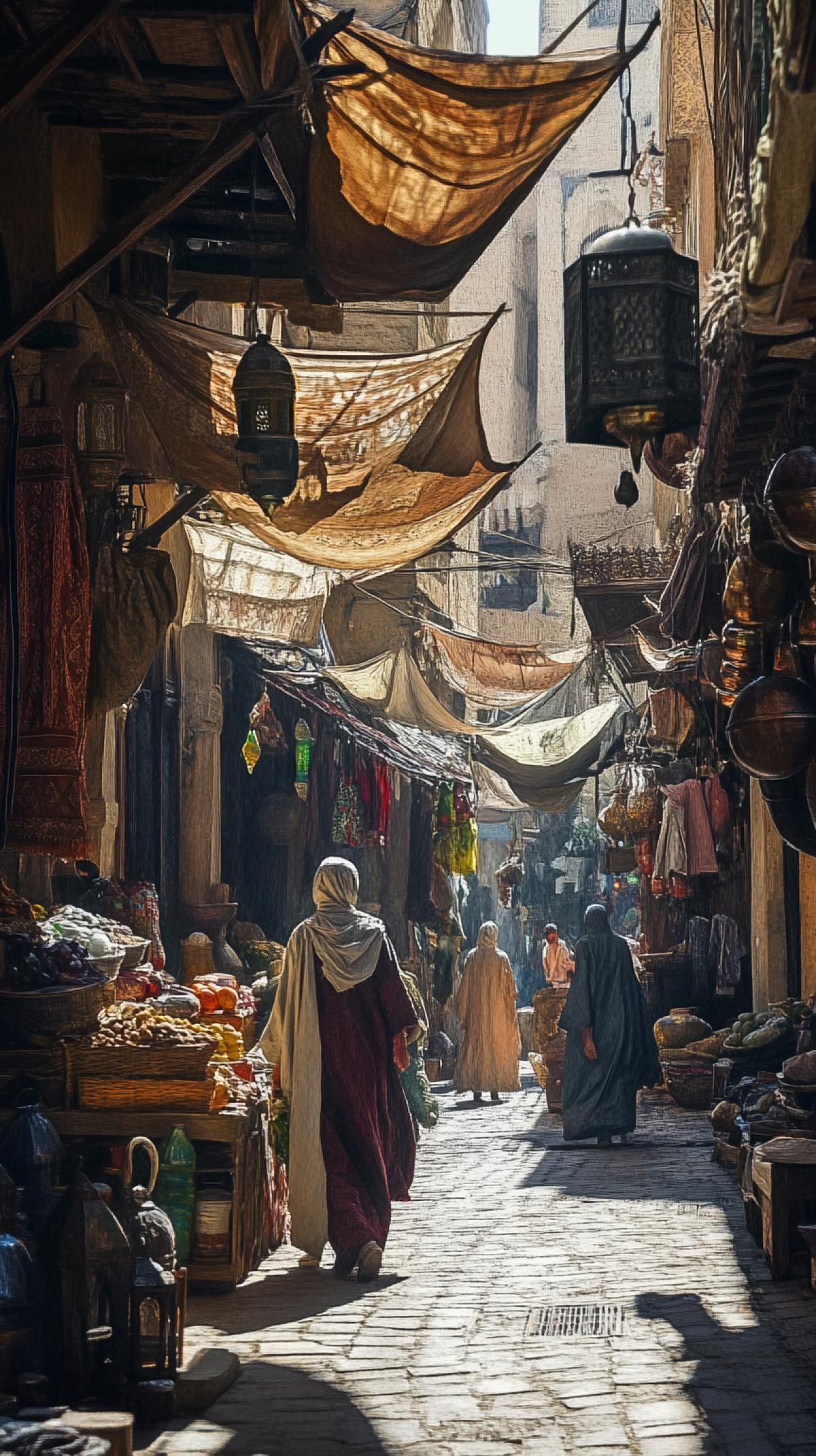 color photo of a narrow street and market in Morocco, 1600 style raw