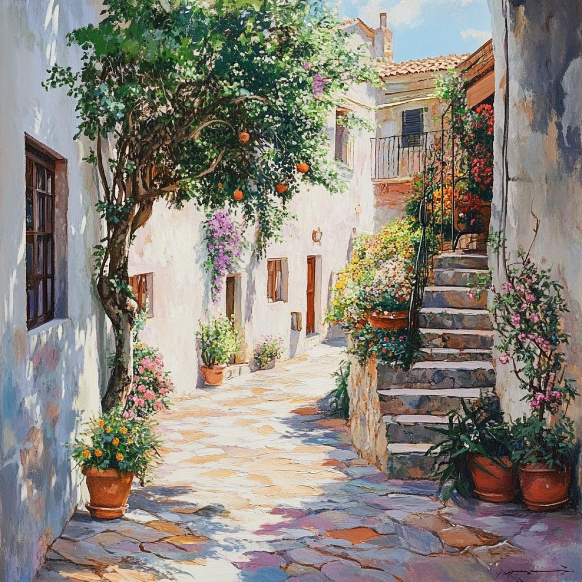 The streets of the old town in flowering of plants and trees